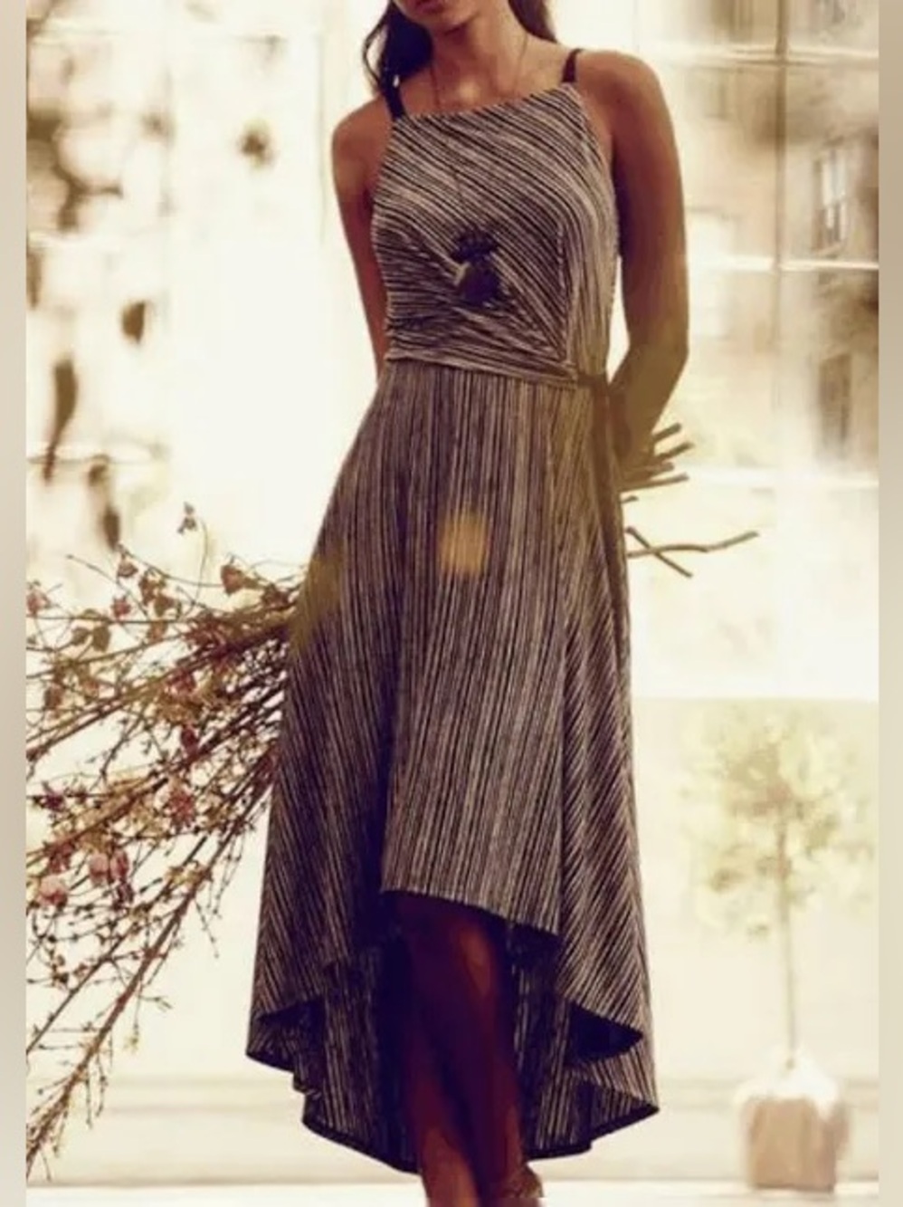 Maeve • Salsola Striped High-Low Midi Dress with Faux wrap waist